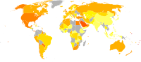 انتشار السمنة في العالم بين الذكور (على اليمين) والإناث (على اليسار).[178]   <5%   5–10%   10–15%   15–20%   20–25%   25–30%   30–35%   35–40%   40–45%   45–50%   50–55%   >55% alt=