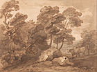 Пейзаж с коровами. Бумага, перо, кисть, коричневые чернила. Йельский центр британского искусства, Нью-Хейвен, Коннектикут, США