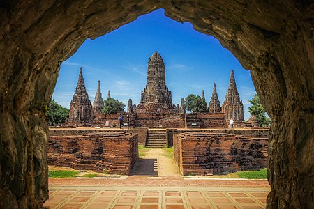 Looking through an arch towards the main sathup of Chaiwattanaram Temple, Ayutthaya. Photographer: Athichitra