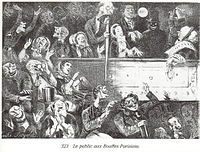تماشاگران در تئاتر بوفه-پاریس، زادگاه اپرت‌های ژاک افنباخ، تصویرسازی: امیل بایارد (۱۸۶۰ میلادی)