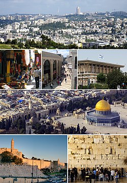 จากบนซ้าย: ทัศนียภาพของเยรูซาเลมเมื่อมองจากทิศใต้, ตลาดในเขตเมืองเก่า, มามิลลามอลล์, รัฐสภาอิสราเอล, โดมแห่งศิลา, ปราการแห่งดาวิด, กำแพงประจิม