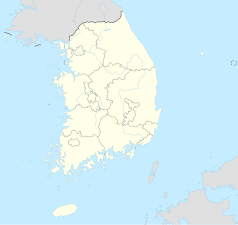 Mapa konturowa Korei Południowej, u góry nieco na lewo znajduje się punkt z opisem „WM Entertainment”