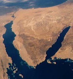 Fotografie Sinajského poloostrova, Suezského zálivu (levá část fotografie) a Zálivu Akaba z oběžné dráhy