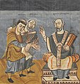 Alcuí (al mig) amb Ràban Maur presenten una obra al bisbe Otgar de Magúncia; miniatura del manuscrit Fuldense (ca. 836) (Österreichische Nationalbibliothek Wien)
