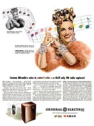 Iklan majalah terbitan tahun 1945 untuk sebuah radio FM dengan foto Miranda