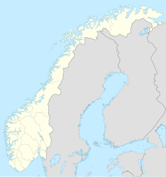 Mapa konturowa Norwegii, u góry nieco na lewo znajduje się punkt z opisem „Moskenesøya”, natomiast blisko lewej krawiędzi nieco na dole znajduje się punkt z opisem „Vågsøy”