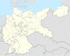 Mapa konturowa Rzeszy Niemieckiej, blisko centrum u góry znajduje się punkt z opisem „GESTAPO”