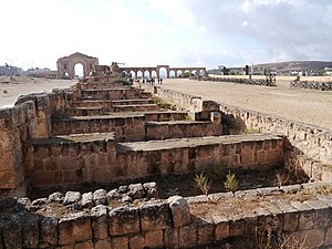 L'hippodrome, vu du nord : piste et substructions des gradins. Arc d'Hadrien reconstruit au fond à gauche.