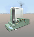 Schema di un WC inceneritore con sistema di recupero del calore per l'essiccazione e la disinfezione dei rifiuti organici.