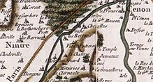 Extrait d'une carte de Cassini sur laquelle apparaissent le site archéologique du Vieux-Poitiers, à cheval sur les communes de Cenon-sur-Vienne et de Naintré et leurs alentours, dans le département de la Vienne.