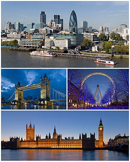 Boven: Skyline van City of London, Midden links: Tower Bridge, Midden rechts: London Eye, Onder: Palace of Westminster.