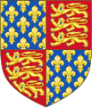 Escut d'Eduard III, quarterat amb les armes antigues de França, d'atzur sembrat de flors de lis, en la seva pretensió al tron francès (1340-1367)