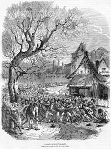Croquis crayonné d'une foule jouant à la soule dans un village normand.