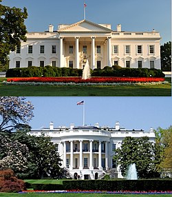Außenansichten des Weißen Hauses (Mittelbau; Nordansicht (oben) und Südansicht (unten))
