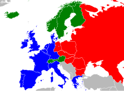 1988 йылда Европа. Күк төҫ — НАТО илдәре, ҡыҙыл төҫ — ОВД илдәре.