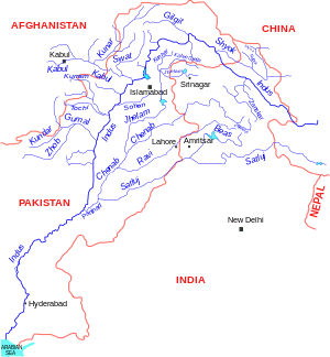 Mapa com os principais afluentes do rio Indo