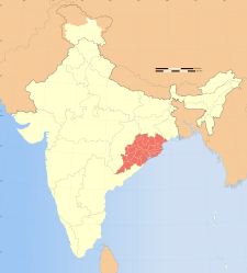 Map of India with the location of ಒಡಿಶಾ highlighted.