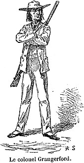 Gravure noir et blanc. Homme debout, jambes écartées, bras croisés, cheveux longs, large chapeau, un fusil en bandoulière.