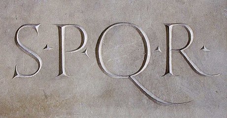 Stone slab with the inscription SPQR, initials of the Latin phrase SENATUS POPULUSQUE ROMANUS ("The Senate and People of Rome").