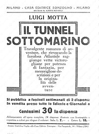 Volantino pubblicitario per il romanzo pubblicato a dispense Il tunnel sottomarino, Sonzogno, 1927.