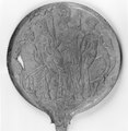 Specchio in bronzo che rappresenta il Giudizio di Elcsntre. Da sinistra: Elcsntre, Uni, Menrva e una figura sconosciuta.