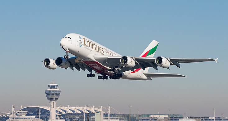     Emirates Airbus A380-861 taking off at Munich Airport