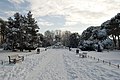 Una vista frontale del parco con la neve
