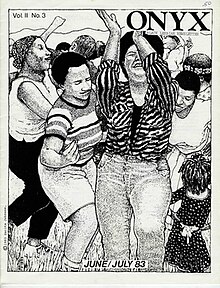 Cover of the June/July 1983 edition of Onyx: Black Lesbian Newsletter. The illustration shows a number of Black women dancing. Illustration by Sarita Johnson.