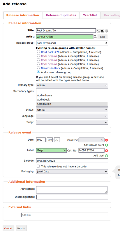 Release információk megadása - screenshot