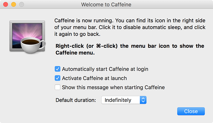 Caffeine welcome window