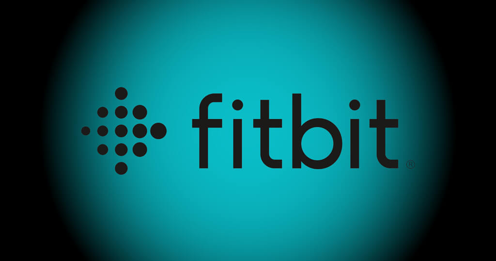 A Fitbit logo, composed of a stylized pattern and the word "fitbit," is displayed against a teal background