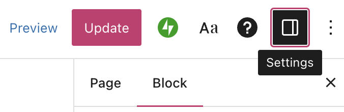 Het instellingenpictogram uitgelicht bovenaan de WordPress-editor.